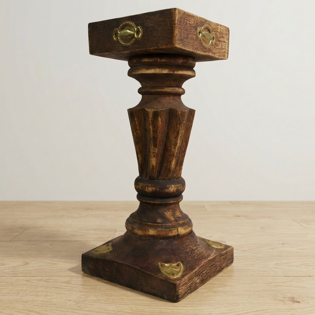 Handcrafted Wooden Display Stand with Brass Accents – Vintage Pedestal Decor