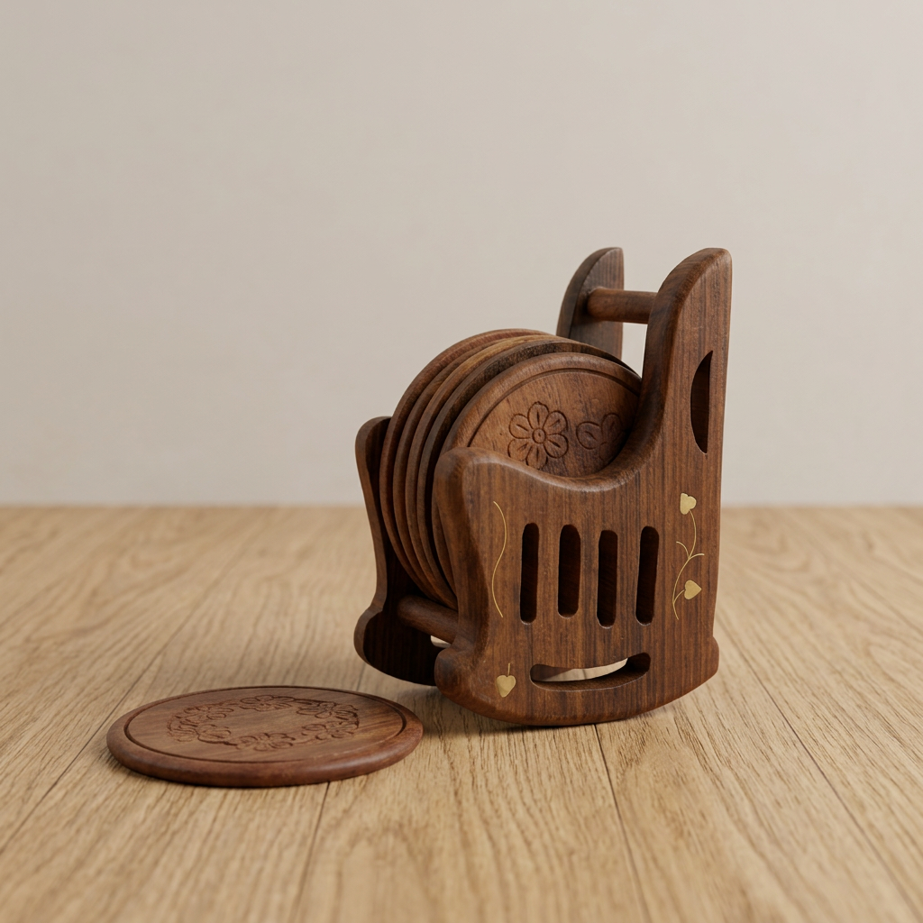 Handmade Wooden Coaster Set with Holder – Brass Inlay