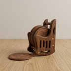 Handmade Wooden Coaster Set with Holder – Brass Inlay