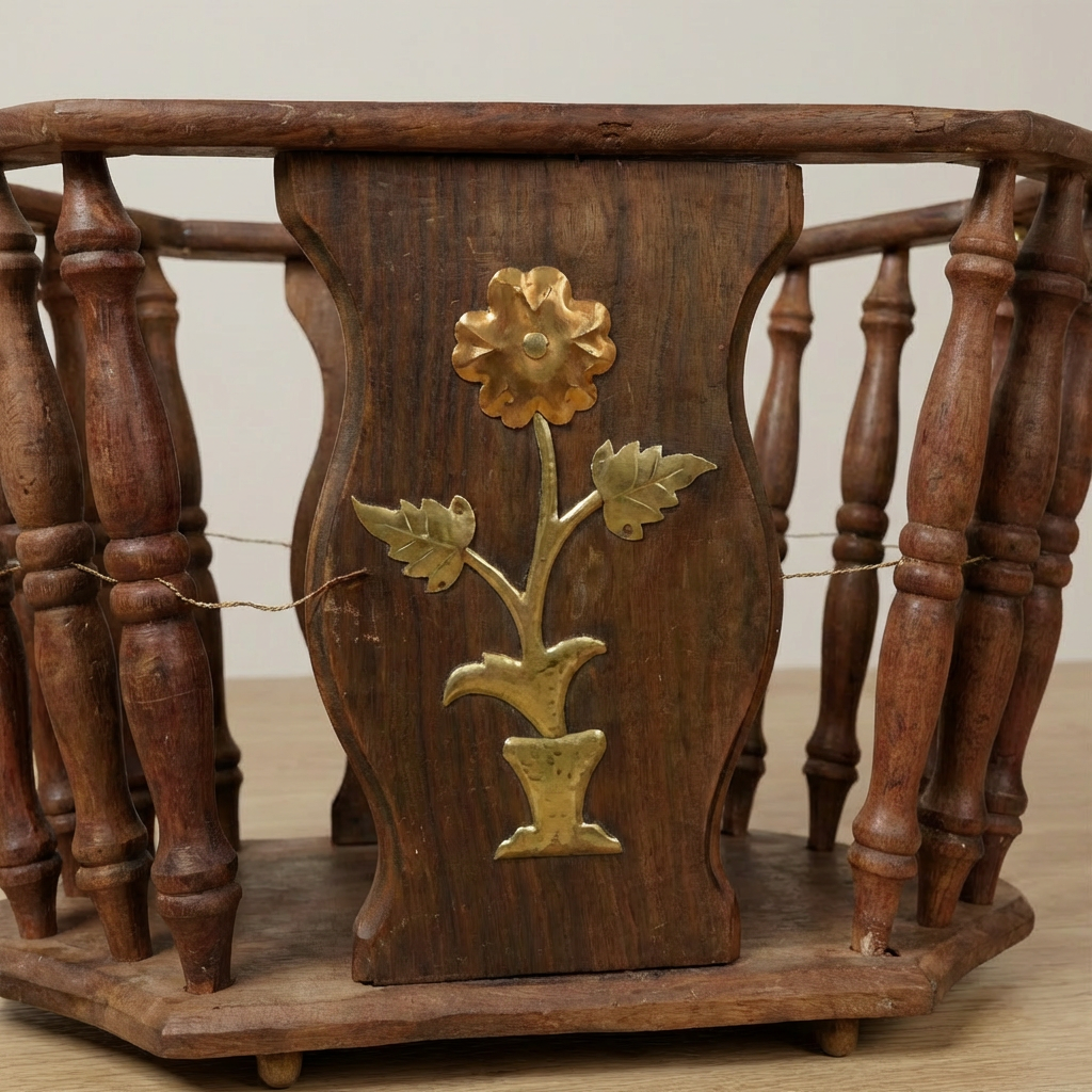 Wooden Magazine Rack with Brass Floral Inlay
