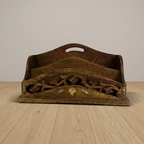 Hand-Carved Indian Wooden Letter & Document Holder with Brass Inlay