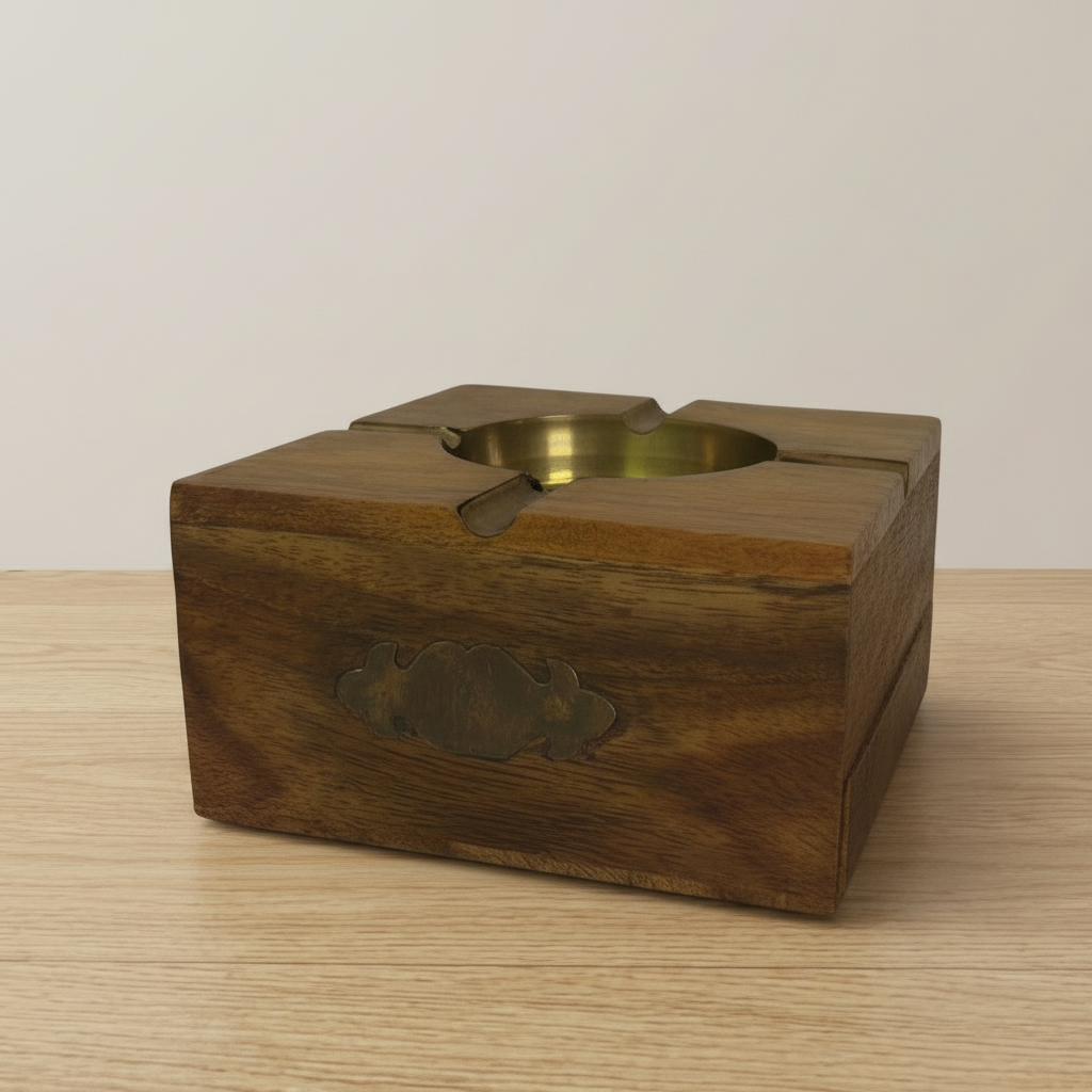 Handcarved Wooden Ashtray – Indian Wood with Brass Inlay