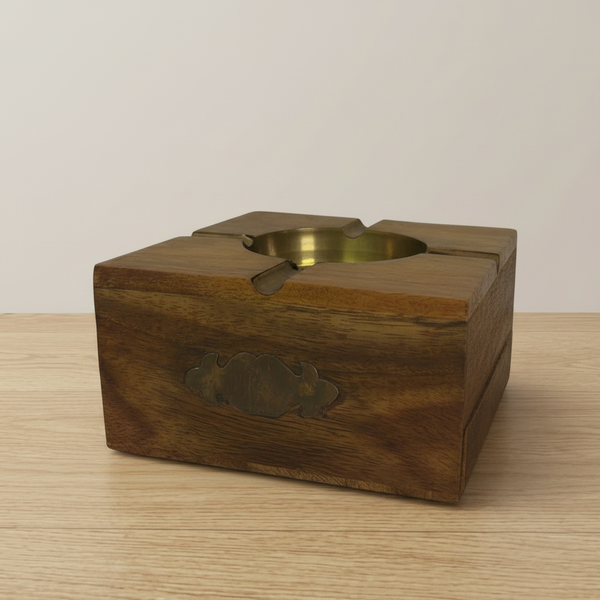 Handcarved Wooden Ashtray – Indian Wood with Brass Inlay