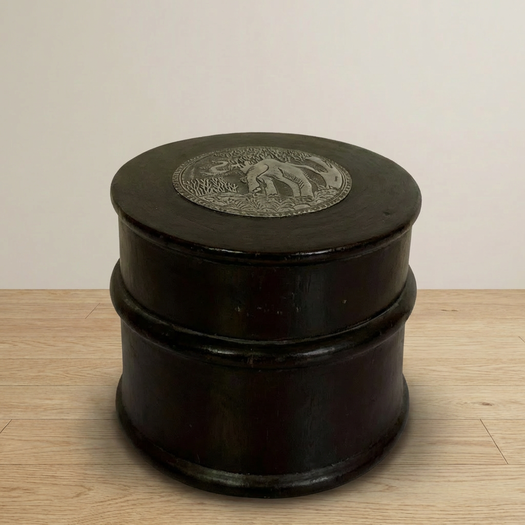 Round Wooden Box with Metal Elephant Inlay