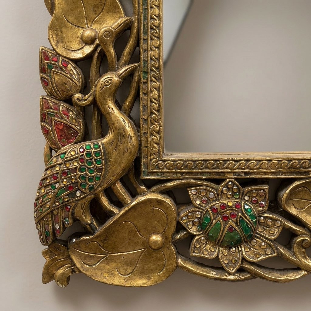 Handcrafted Ornate Wall Mirror with Bird & Floral Design