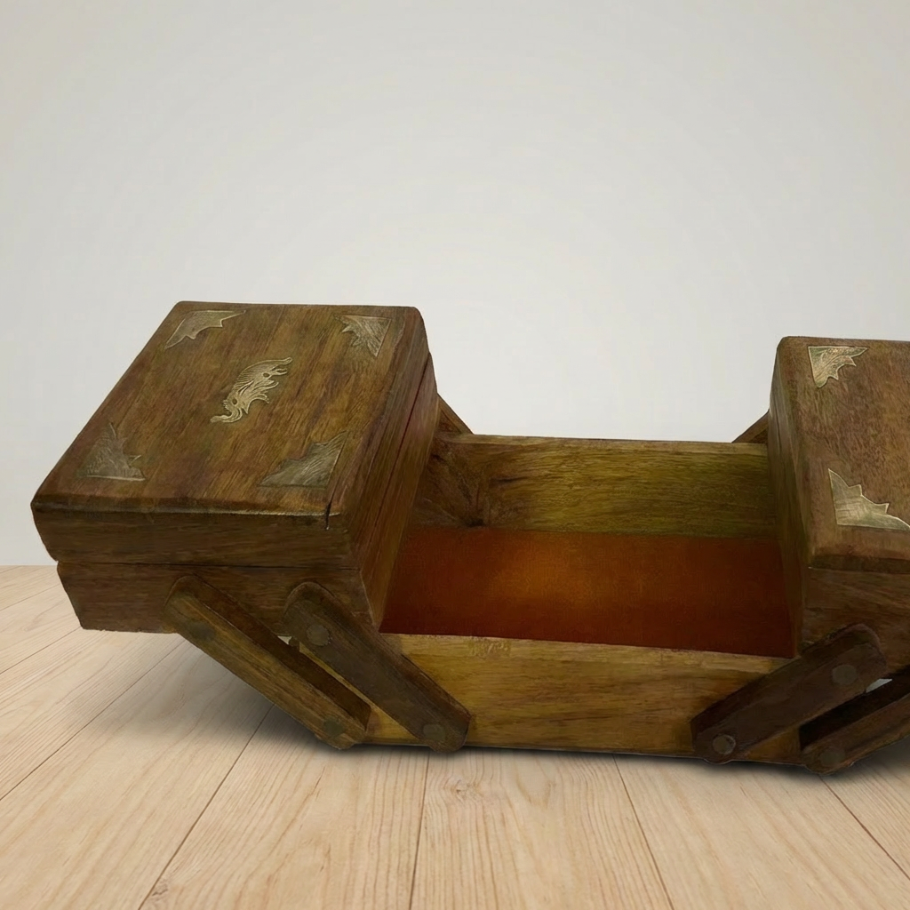 Expandable Wooden Sewing Box with Brass Inlay