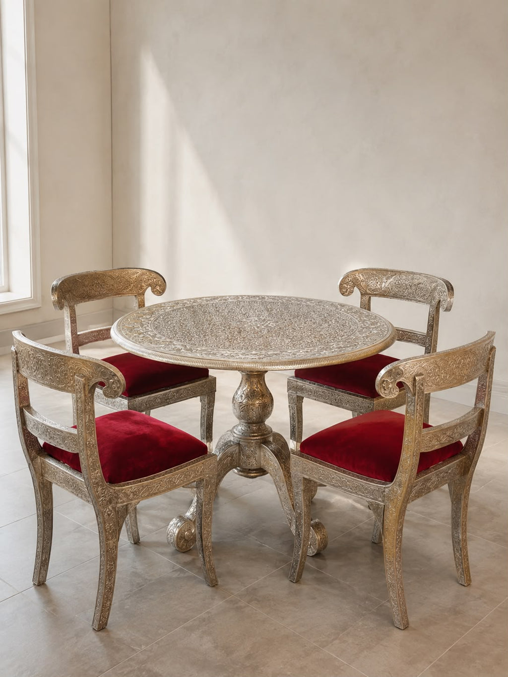 INDIAN HAND MADE SILVER PLATED TABLE & CHAIRS