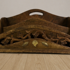 Hand-Carved Indian Wooden Letter & Document Holder with Brass Inlay