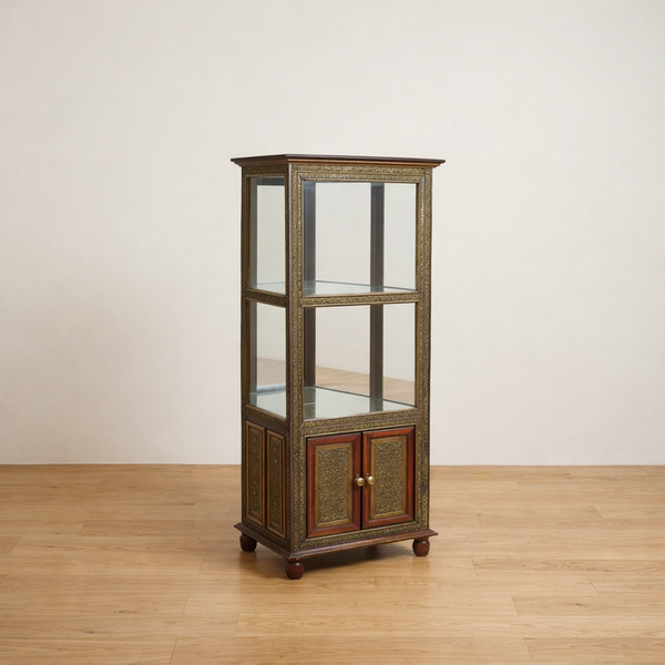Hand-Carved Wooden Glass Display Cabinet with Storage