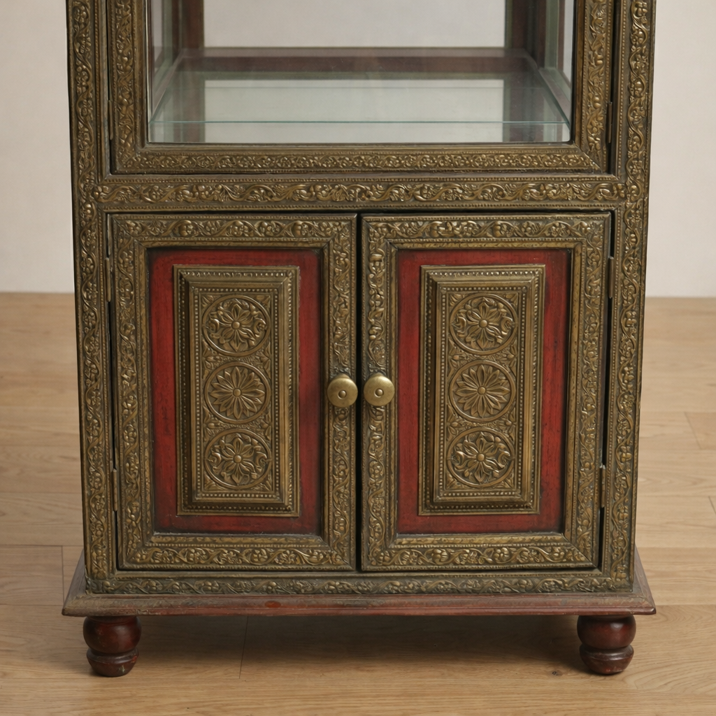 Hand-Carved Wooden Glass Display Cabinet with Storage