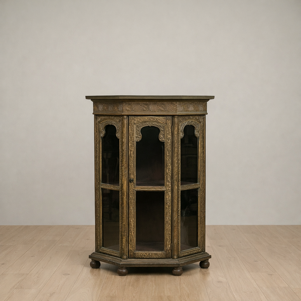 Handcarved Wooden Display Cabinet with Glass Doors – Handmade Storage Unit