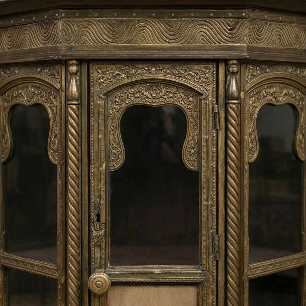 Handcarved Wooden Display Cabinet with Glass Doors – Handmade Storage Unit
