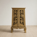 Handcarved Wooden Cabinet with Floral & Bird Design – Gold Finish Handmade Storage Unit
