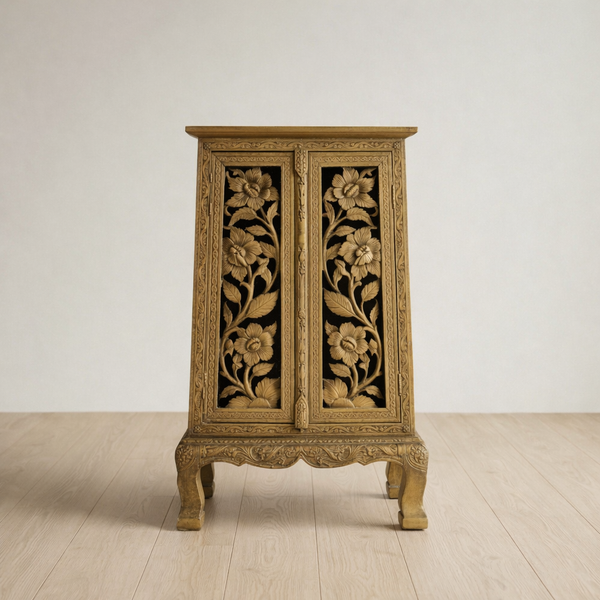 Handcarved Wooden Cabinet with Floral & Bird Design – Gold Finish Handmade Storage Unit