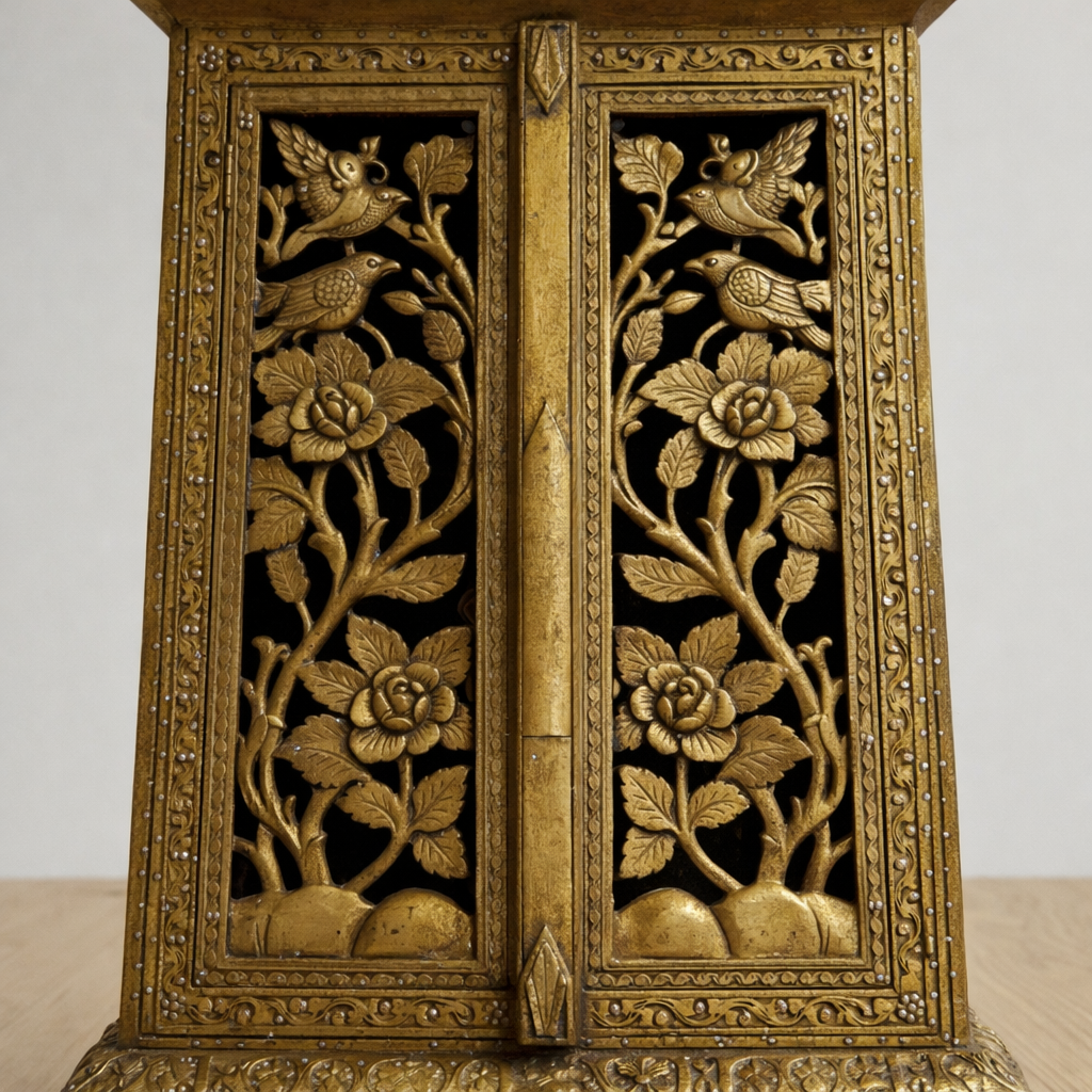 Handcarved Wooden Cabinet with Floral & Bird Design – Gold Finish Handmade Storage Unit