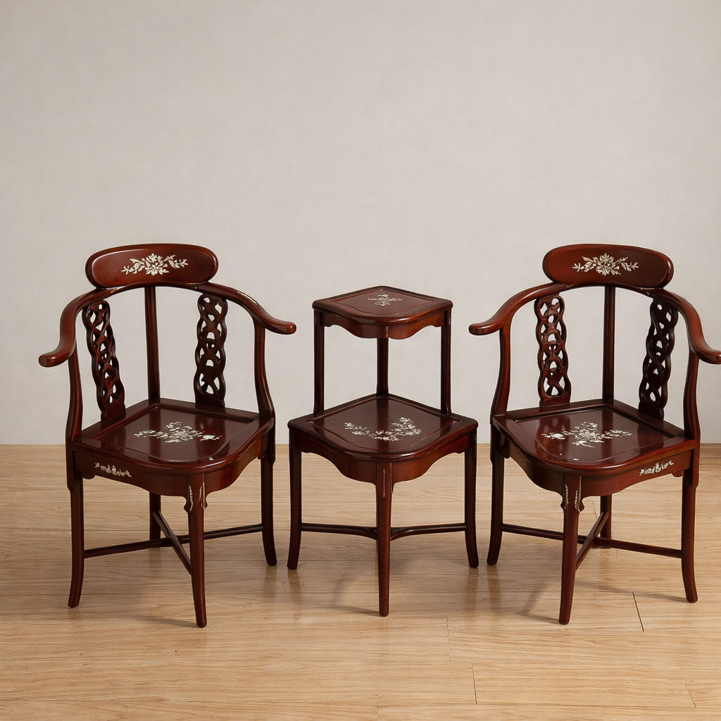 Handmade Rosewood Chair Set with Table – Mother of Pearl Inlay