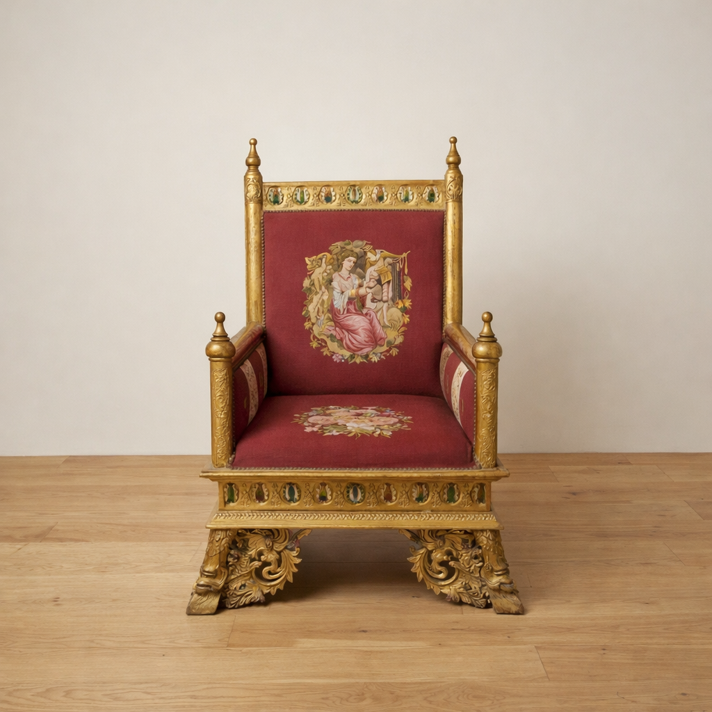 Royal Antique Handcarved Chair – Walnut Wood with Aubusson Textile & Mirror Inlay