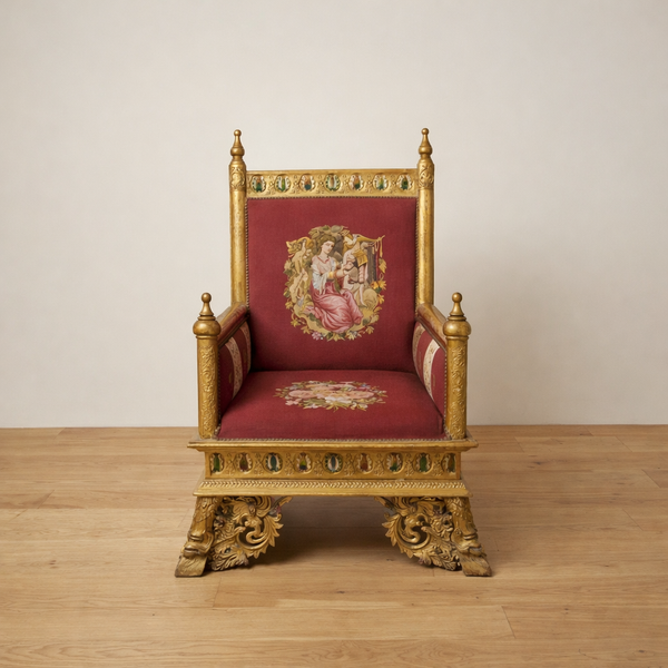 Royal Antique Handcarved Chair – Walnut Wood with Aubusson Textile & Mirror Inlay