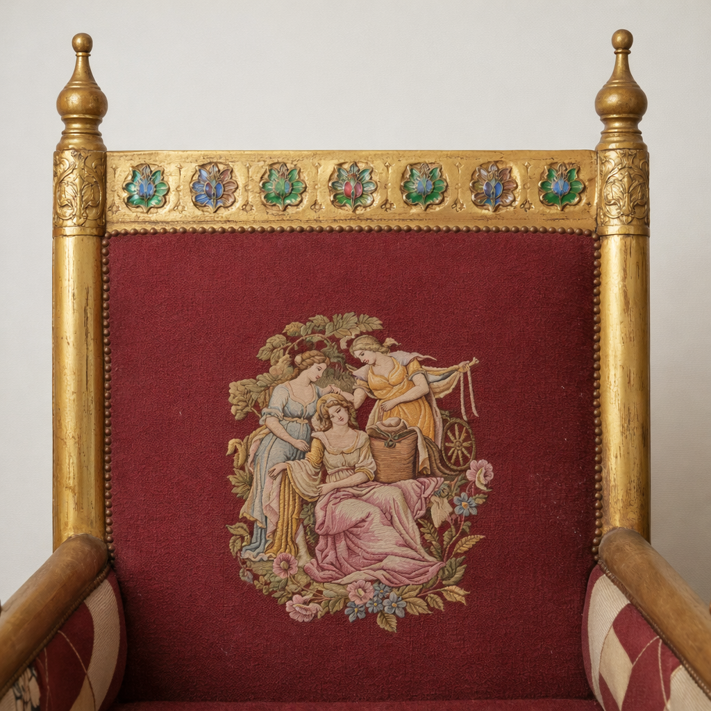 Royal Antique Handcarved Chair – Walnut Wood with Aubusson Textile & Mirror Inlay