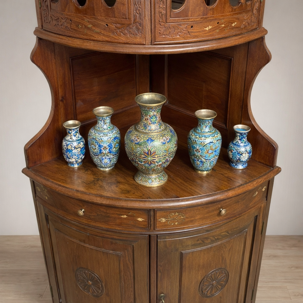 Handmade Wooden Corner Cabinet with Carved Details – Brass Inlay