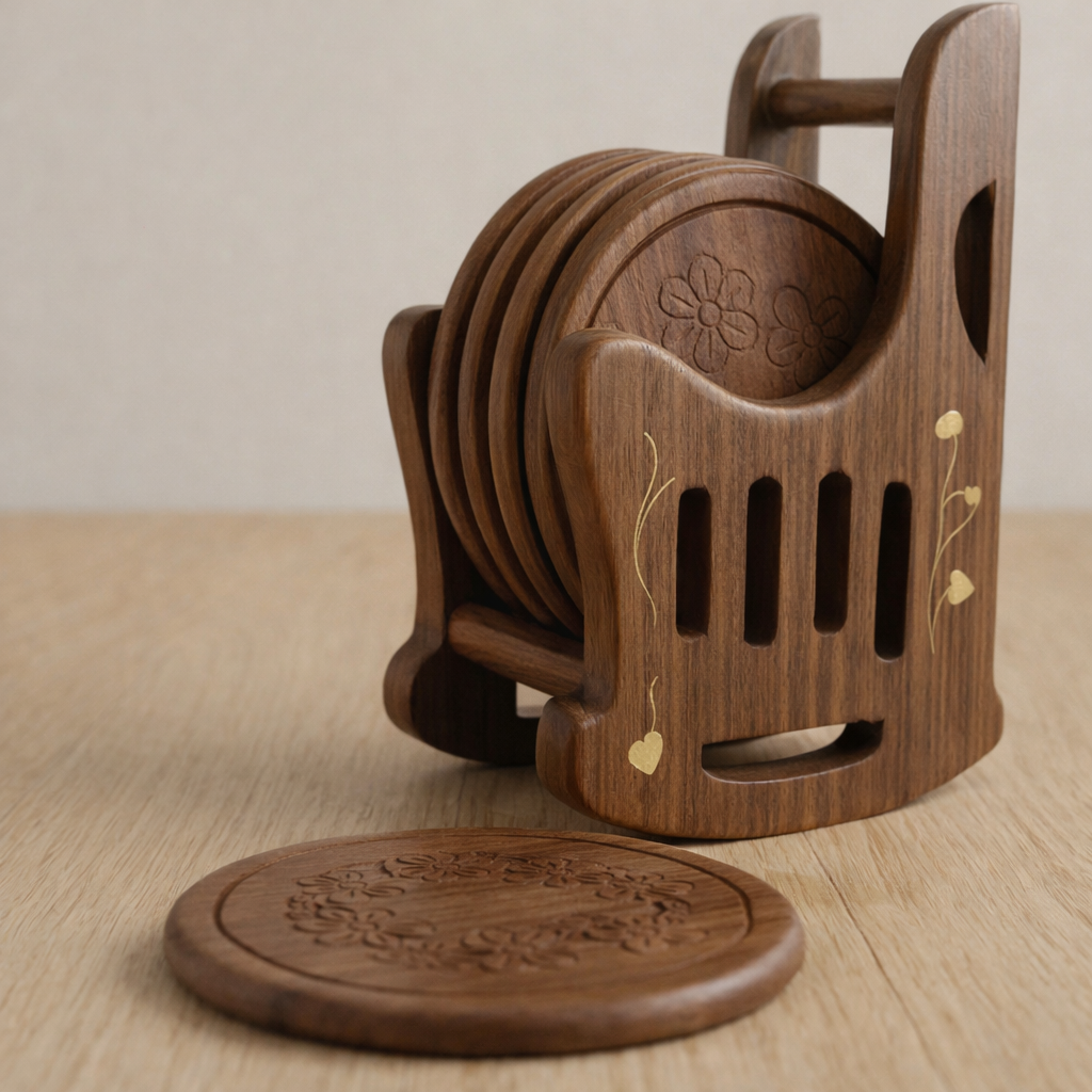 Handmade Wooden Coaster Set with Holder – Brass Inlay
