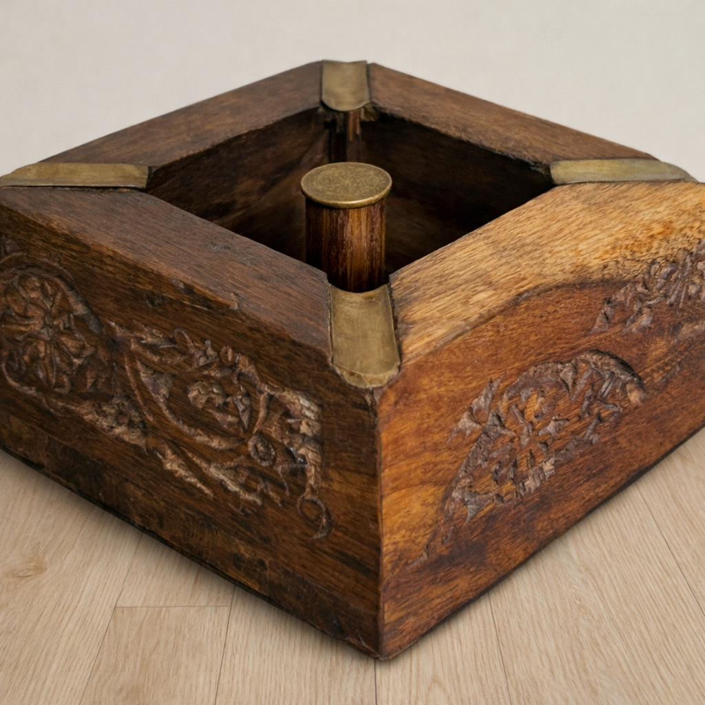 Handmade Indian Wooden Ashtray with Brass Inlay