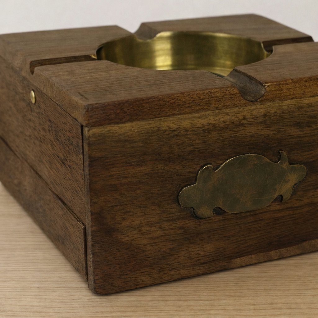 Handcarved Wooden Ashtray – Indian Wood with Brass Inlay