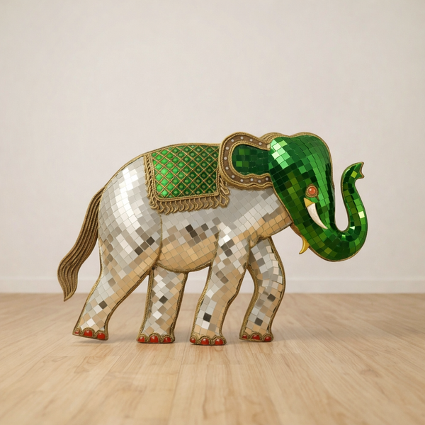 Antique Elephant Decor – Mirror Mosaic with Brass Details