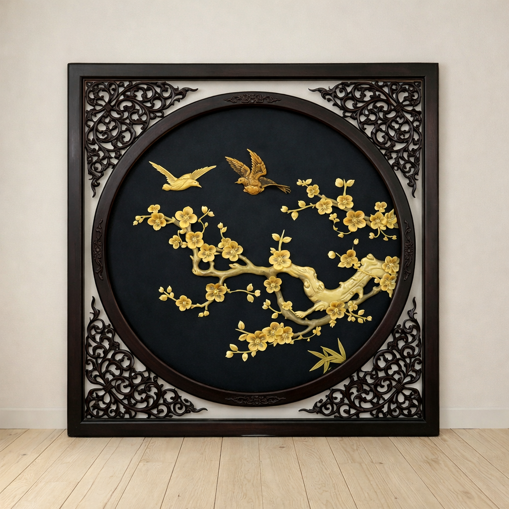 Handcrafted Golden Floral Stone Inlay Wall Art