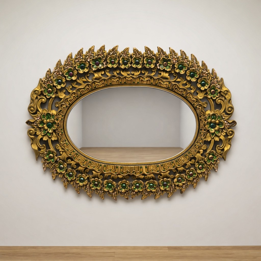 Handcrafted Ornate Oval Wall Mirror with Decorative Stone Inlay