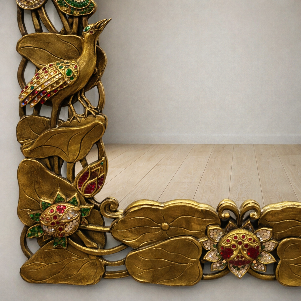 Handcrafted Ornate Wall Mirror with Bird & Floral Design