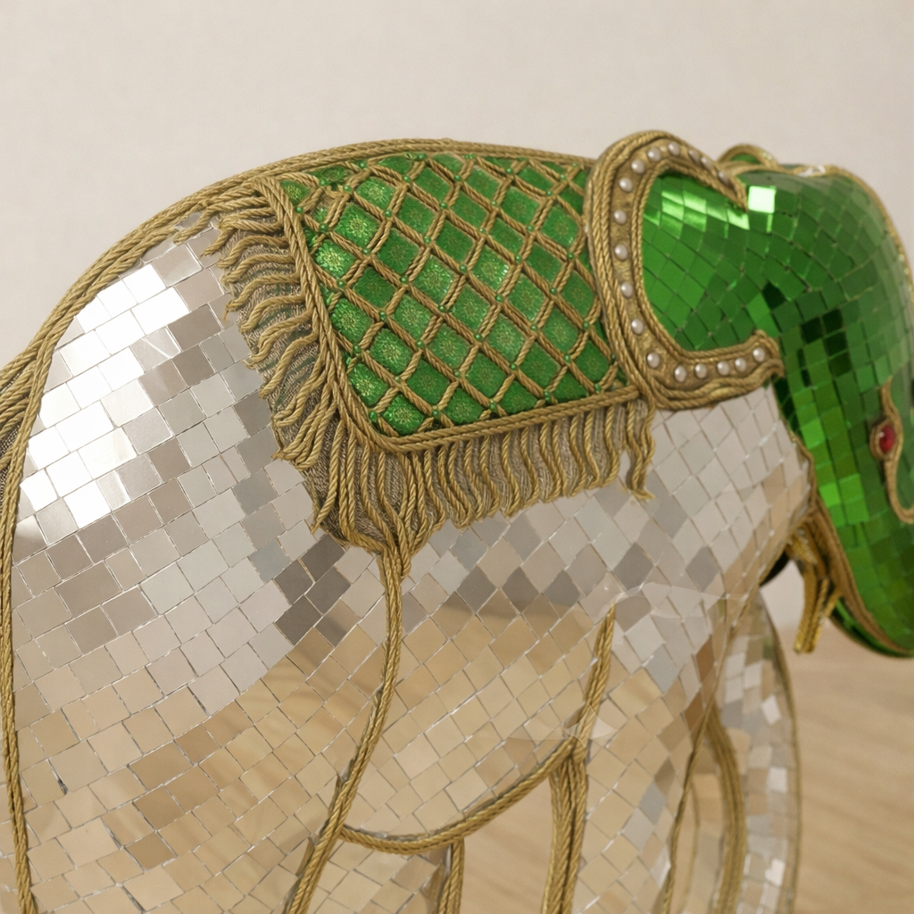 Antique Elephant Wall Decor – Handmade Mirror Mosaic & Brass Inlay Design
