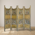 Thai Walnut Wood Folding Screen with Brass and Stone Inlay