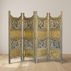 Thai Walnut Wood Folding Screen with Brass and Stone Inlay