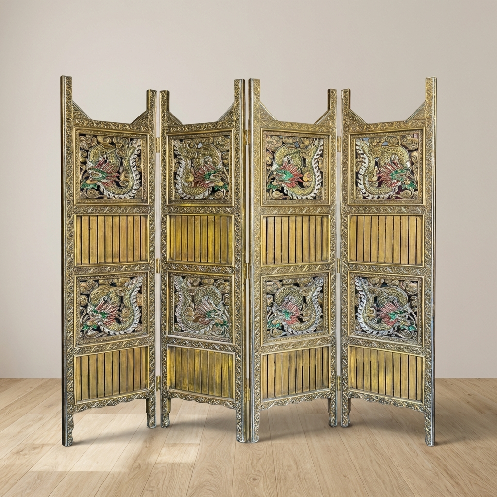 Thai Walnut Wood Folding Screen with Brass and Stone Inlay