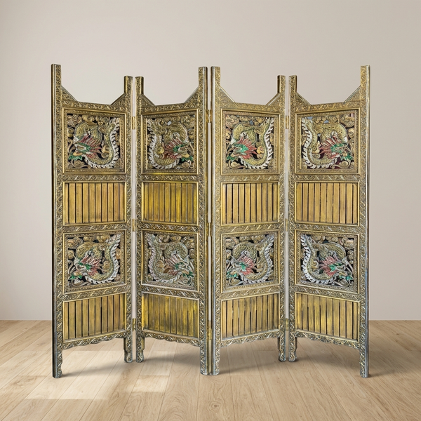 Thai Walnut Wood Folding Screen with Brass and Stone Inlay