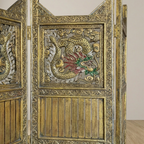 Thai Walnut Wood Folding Screen with Brass and Stone Inlay