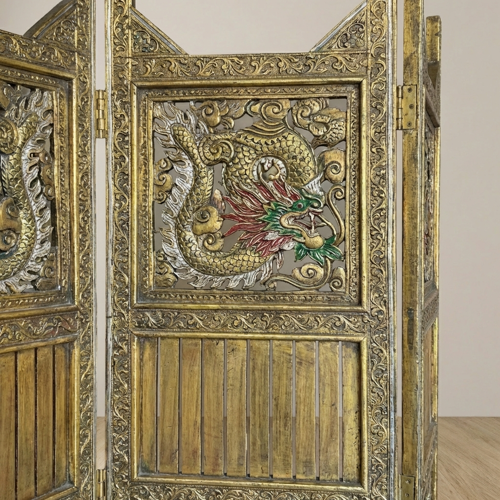 Thai Walnut Wood Folding Screen with Brass and Stone Inlay