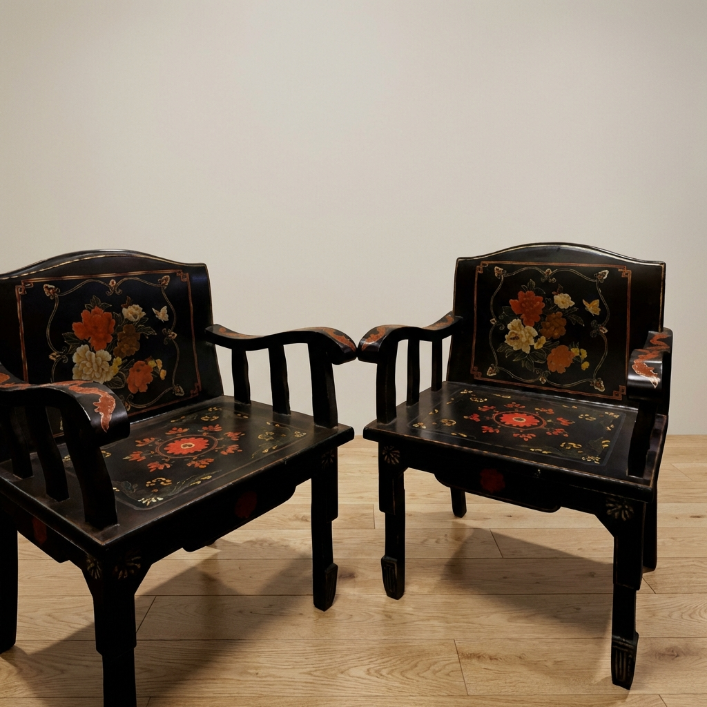 Chinese Teak Wood Chair with Hand-Painted Design