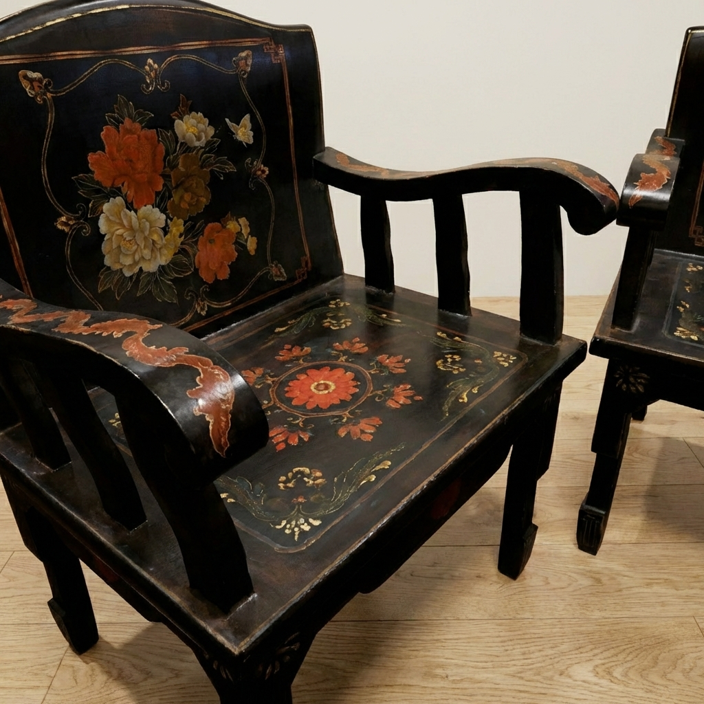 Chinese Teak Wood Chair with Hand-Painted Design
