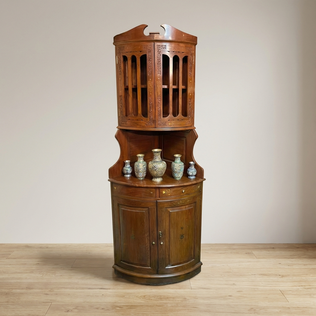 Handmade Wooden Corner Cabinet with Carved Details – Brass Inlay